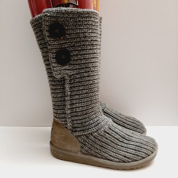 UGG Classic Cardy Boots 2-Button Tall / Fold-Over Knit Grey Sz 5 - Picture 3 of 16